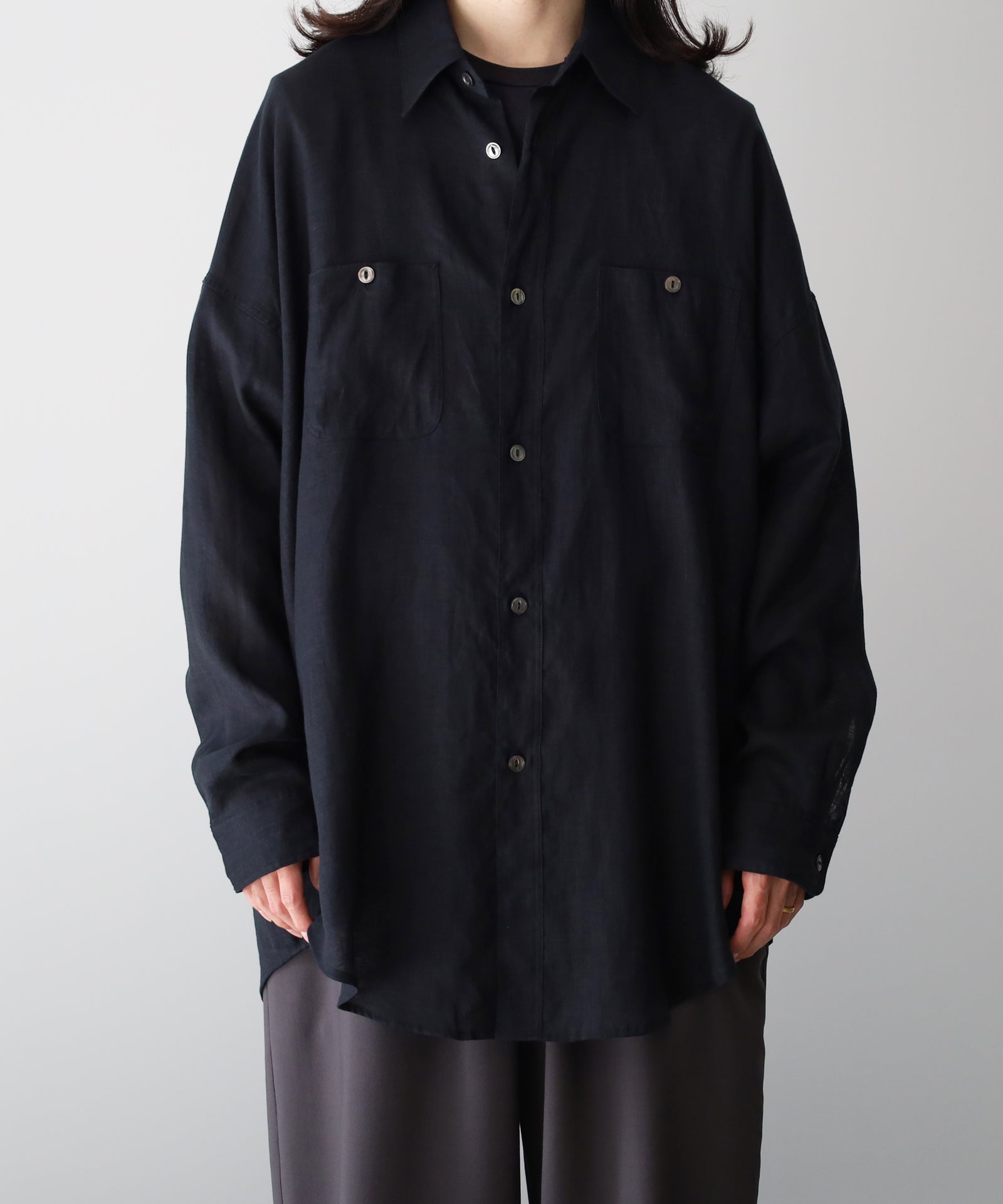 〈MARKAWARE〉ヘンプ細布 / ダブルカラーロングシャツ, Black TENT LONG SHIRT / ヘンプ細布 - MARKAWARE – C THE C